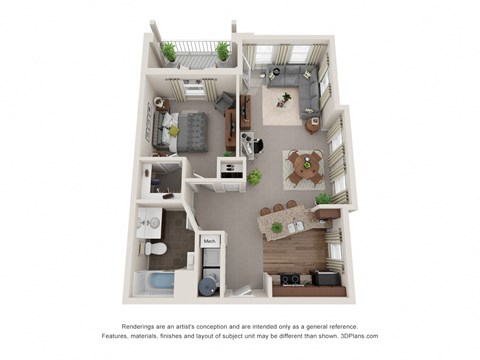 Floor plan for 1 bed, 1 bath, 809 sqft